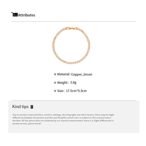 Détails du bracelet tennis doré en zircon avec spécifications du matériau et dimensions