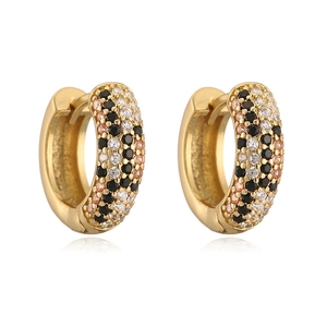 Golden leopard print hoop earrings with pavé set clear black and peach crystals