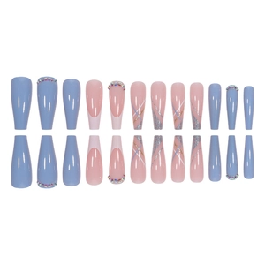 French blue striped long ballerina press-on nails set with glitter and gems 24pcs