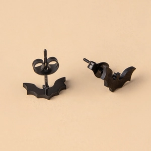 Minimalist black bat stud earrings with matte finish shown from front and back views