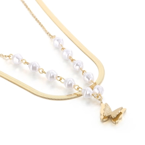 Double-layered gold titanium necklace featuring pearls and a butterfly heart pendant
