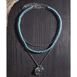 Vintage triple-layer men's necklace with turquoise beads and silver coin pendant