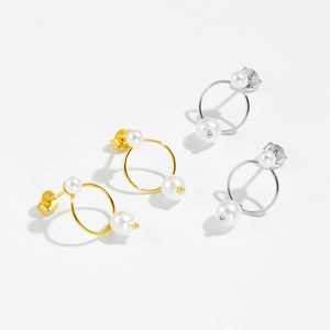 Minimalist 925 sterling silver geometric hoop earrings with dual white pearls accent