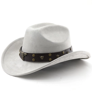 Close-up of suede cowboy hat with leather band featuring bull head metal studs