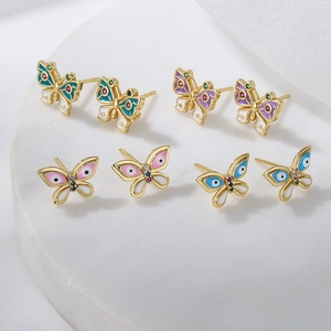 Butterfly Stud Earrings 18K Gold Plated Copper Enamel Evil Eye Dainty Aesthetic Jewelry For Women