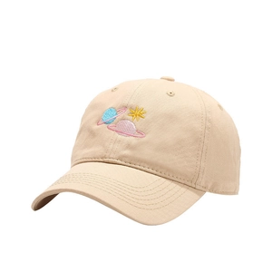 Classic beige cotton baseball cap with colorful planet and stars embroidery on the front