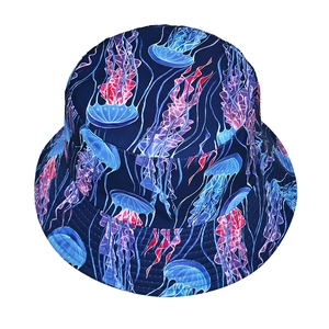Double-sided sun bucket hat featuring colorful jellyfish print on a deep blue base