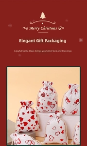 Detail of cotton linen gift bags with red heart patterns and drawstrings for weddings