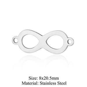 Detail showing an 8x20.5mm stainless steel infinity symbol connector with smooth finish