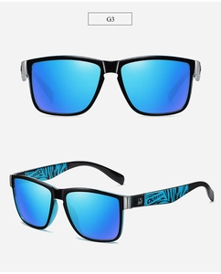 Macro detail of sports sunglasses with blue tiger-patterned temples and mirrored lenses