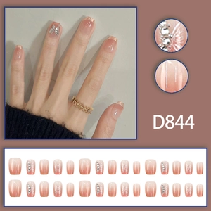 Pink gradient press-on nails with 3D silver butterflies and rhinestones, 24 pieces set