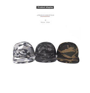 Three variants of cotton camouflage 5-panel camper hats with flat brims for outdoor wear