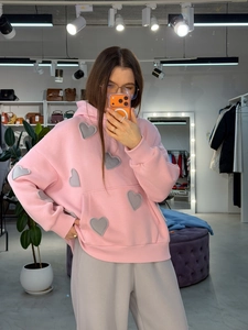 Sweat à capuche rose oversize avec broderie cœur grise et poche kangourou style décontracté