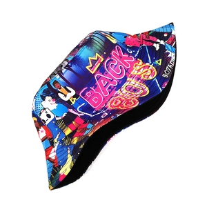 Detail of retro digital graffiti print on double-sided bucket hat featuring Back Boy motif