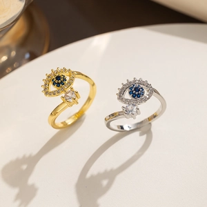 Sophisticated Titanium Steel Evil Eye Adjustable Open Ring For Women Blue White Rhinestone Minimalist Geometric Jewelry
