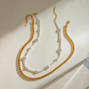 Double-layered gold Cuban chain and irregular white pearl necklace set for women