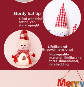 Detail of glowing plush Christmas snowman with red plaid hat and standing base