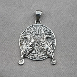 Vintage Viking double raven pendant necklace with Celtic knot patterns in silver finish