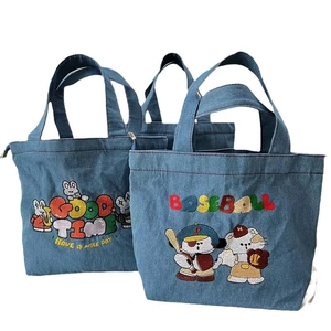 Japanese style cartoon embroidery denim tote bags with cute character patterns for students