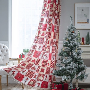 Christmas Curtain Cotton Linen Plaid Patchwork Heart Button Pattern Tassel Fringe American Retro Holiday Window Decor