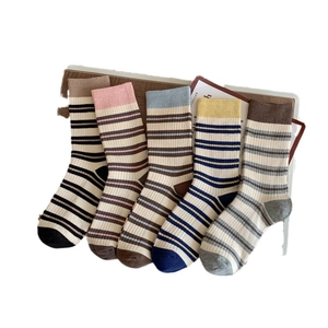 Five pairs of vintage cotton striped crew socks in contrast colors for daily wear