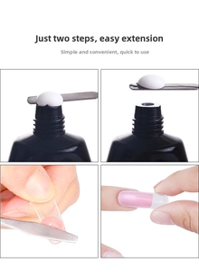 Detail guide showing nail extension gel application with dual forms and metal spatula tool