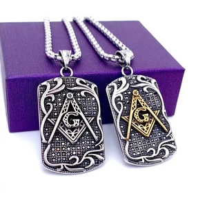 Collier Pendentif Maçonnique Vintage Punk Acier Inoxydable Médaille Rectangulaire Avec Rhinestones Bijoux Pour Hommes