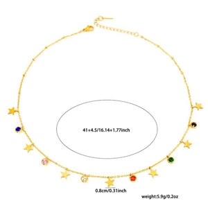 Detail view of gold-plated necklace with colorful zircons and stars showing measurement specs