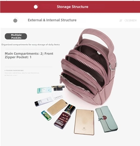 Detail of dusty pink nylon crossbody bag showing multiple zip pockets and large capacity