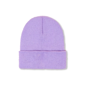 Close-up of soft light purple knitted beanie showing detailed warm ribbed texture