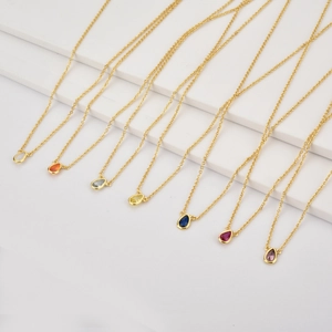 Collection of S925 silver teardrop pendant necklaces in seven vibrant gemstone colors