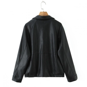 Relaxed fit black leather V-neck jacket with double-breasted design and ribbed hem back view