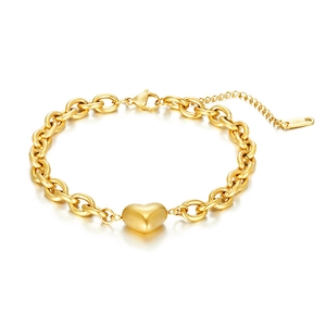 Golden stainless steel chain bracelet featuring a 3D heart pendant on a white background