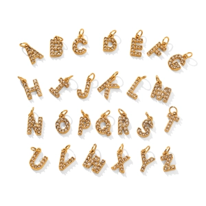 Lot de 26 pendentifs lettres en acier inoxydable plaqué or 18 carats et cristaux