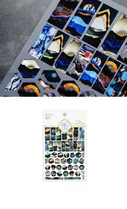 Detail showing EM-024 nail stickers with metallic gold mountain and sunrise landscape art