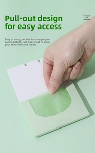 Detail showing hand extracting a single oil absorbing sheet from the green paper pack