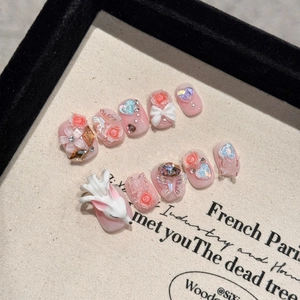 Faux Ongles 3D Faits à la Main Dégradé Rose Nœud Cœur Strass Künstliche Perle Rose Fleur Design Renard Style Japonais Doux