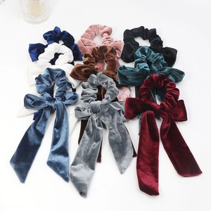 Elegant velvet hair scrunchies with long ribbons in 9 vibrant colors on white background