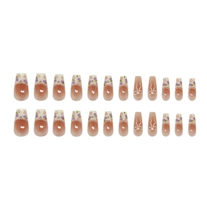 French bow press-on nails with lavender floral patterns and lace edges, 24 pieces set