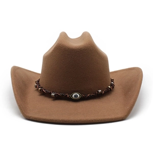 Brown wool felt western cowboy hat with bohemian evil eye bead and leather band