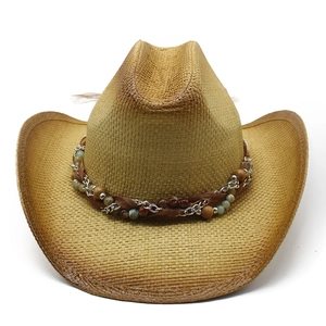 Ethnic straw cowboy hat with decorative beaded band and metallic chain for beach vacation