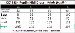 Tableau des tailles détaillé pour robe midi en popeline avec mesures de buste et de taille
