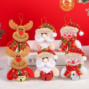 Set of 6 Christmas plush ornaments featuring Santa, reindeer, and snowmen with metal bells