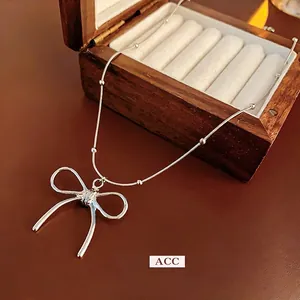 Elegant Titanium Steel Bowknot Pendant Necklace Silver Tone Trendy Korean Style Clavicle Chain For Women