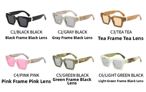 Six colors of square sunglasses with marble patterns and gold temple accents in grid view