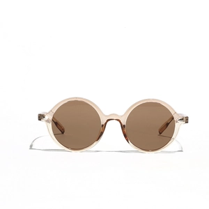 Retro oversized round sunglasses with champagne frames and brown lenses on white background