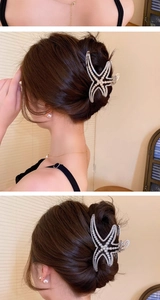 Elegant starfish hair claw clip with rhinestones and pearls worn on a sophisticated updo