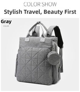 Detail of dark grey quilted mummy backpack with a small round matching pouch