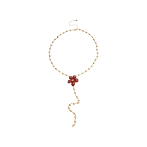 Elegant gold bead Y-shaped long necklace with red floral pendant and retro charms