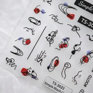 Minimalist black abstract line nail art stickers with embossed 3D texture TS-3033